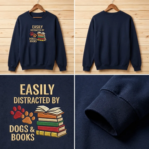 Embroidered Distracted By Dogs Books Sweatshirt, Cute Dog Shirt