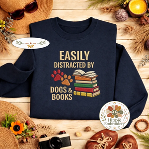 Embroidered Distracted By Dogs Books Sweatshirt, Cute Dog Shirt