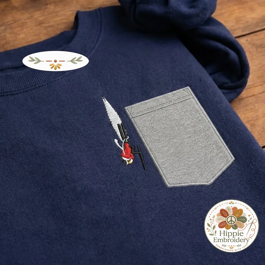 Embroidered Downhill Skier Sweatshirt, Skiing Faux Pocket Crewneck
