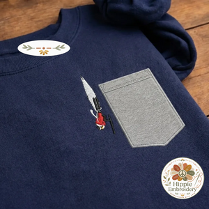 Embroidered Downhill Skier Sweatshirt, Skiing Faux Pocket Crewneck