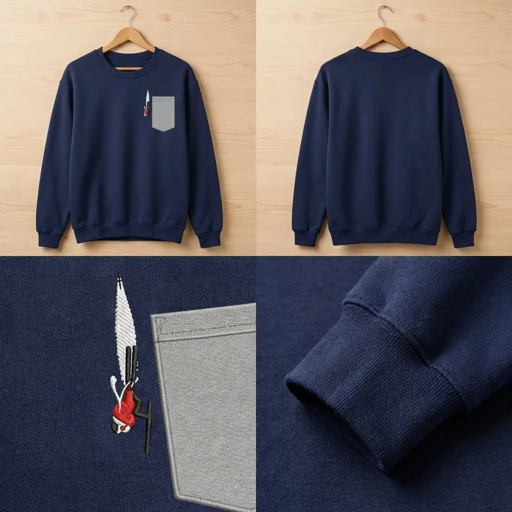 Embroidered Downhill Skier Sweatshirt, Skiing Faux Pocket Crewneck