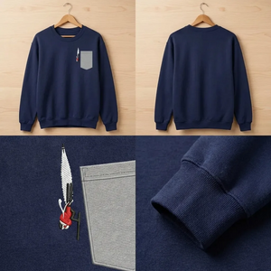 Embroidered Downhill Skier Sweatshirt, Skiing Faux Pocket Crewneck