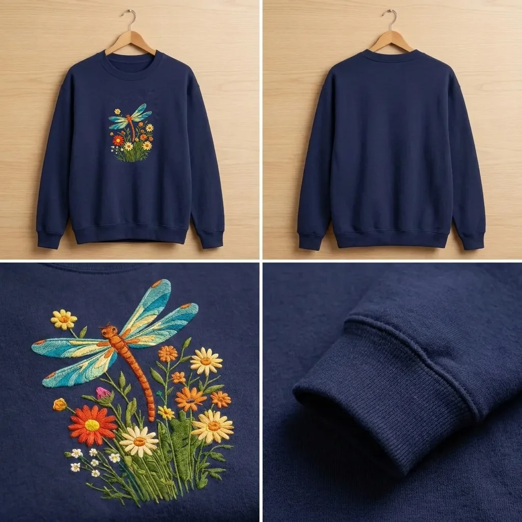 Embroidered Dragonfly Wildflower Sweatshirt, Botanical Nature Crew