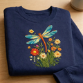 Embroidered Dragonfly Wildflower Sweatshirt, Botanical Nature Crew