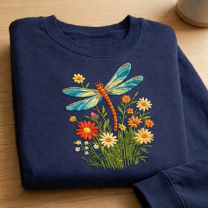 Embroidered Dragonfly Wildflower Sweatshirt, Botanical Nature Crew