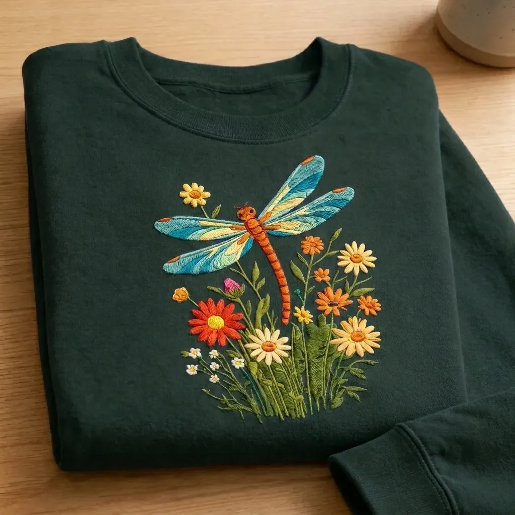 Embroidered Dragonfly Wildflower Sweatshirt, Botanical Nature Crew