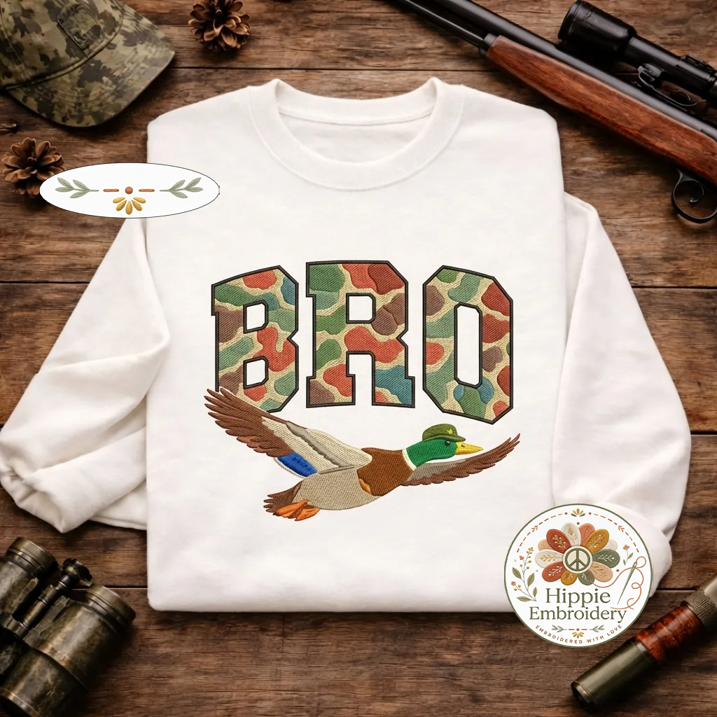 Embroidered Duck BRO Sweatshirt, Funny Camo Hunting Crewneck