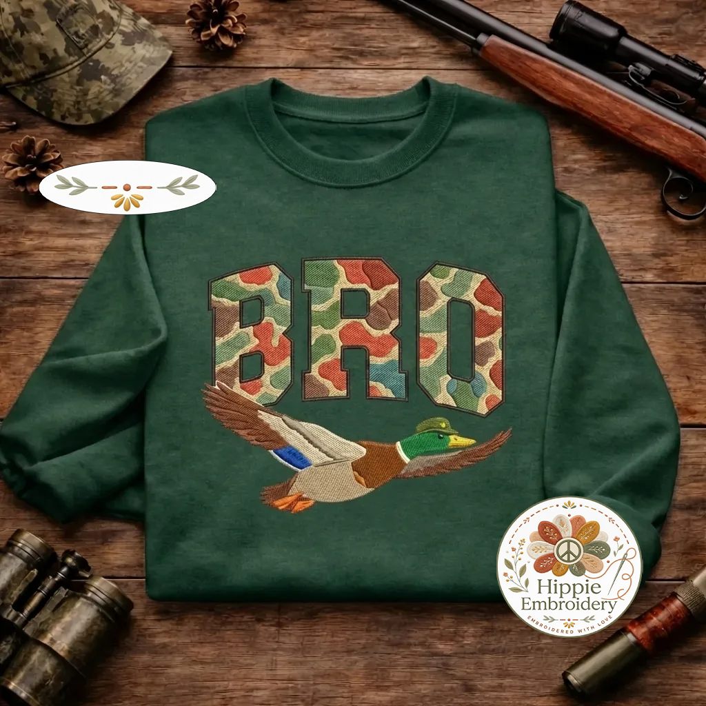Embroidered Duck BRO Sweatshirt, Funny Camo Hunting Crewneck
