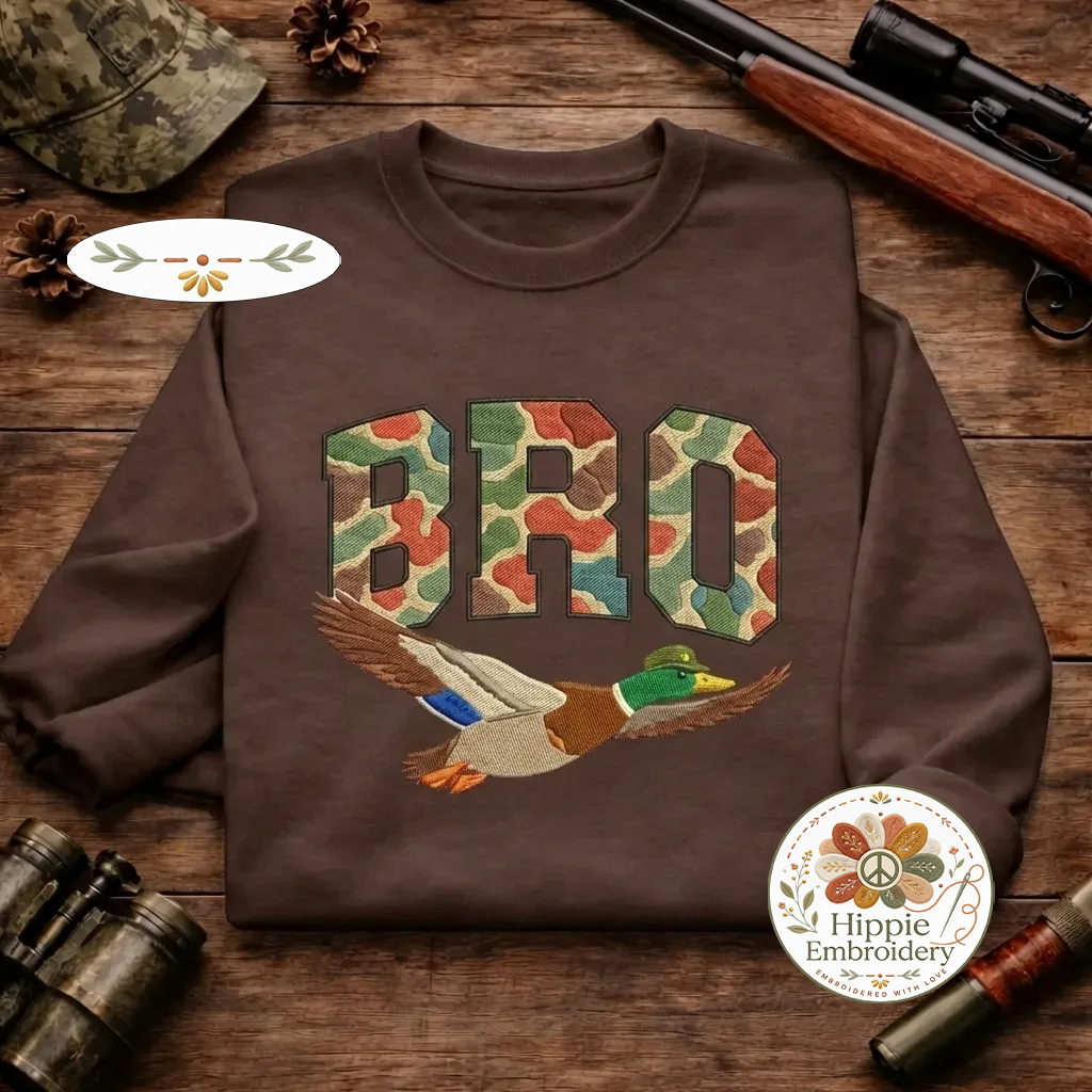 Embroidered Duck BRO Sweatshirt, Funny Camo Hunting Crewneck