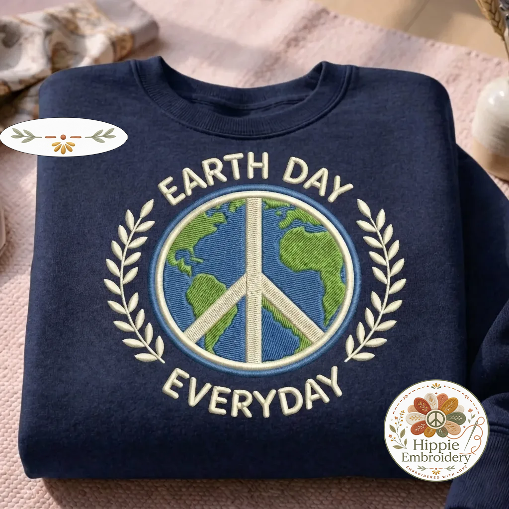 Embroidered Earth Day Everyday Sweatshirt, Peace Globe Eco Shirt