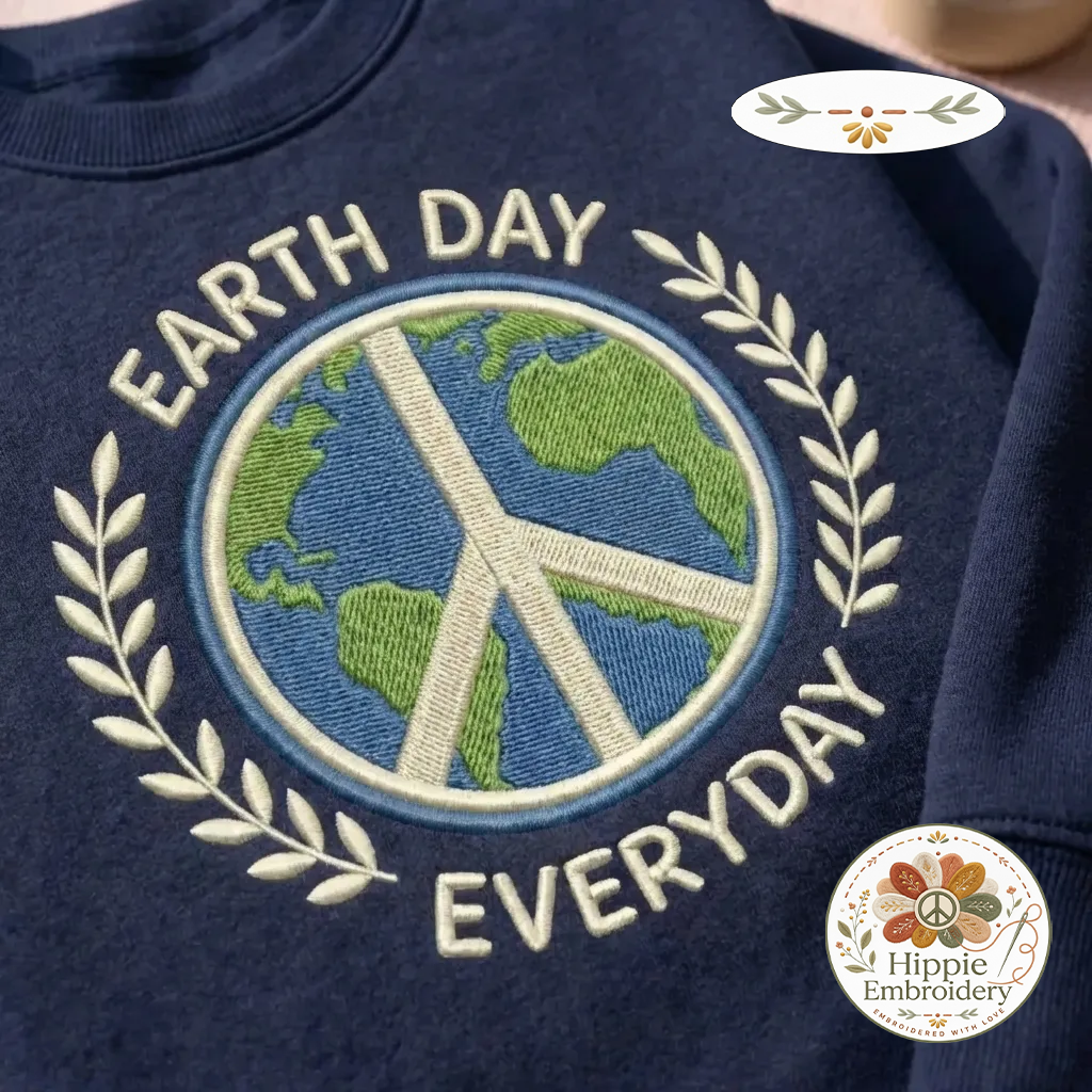 Embroidered Earth Day Everyday Sweatshirt, Peace Globe Eco Shirt