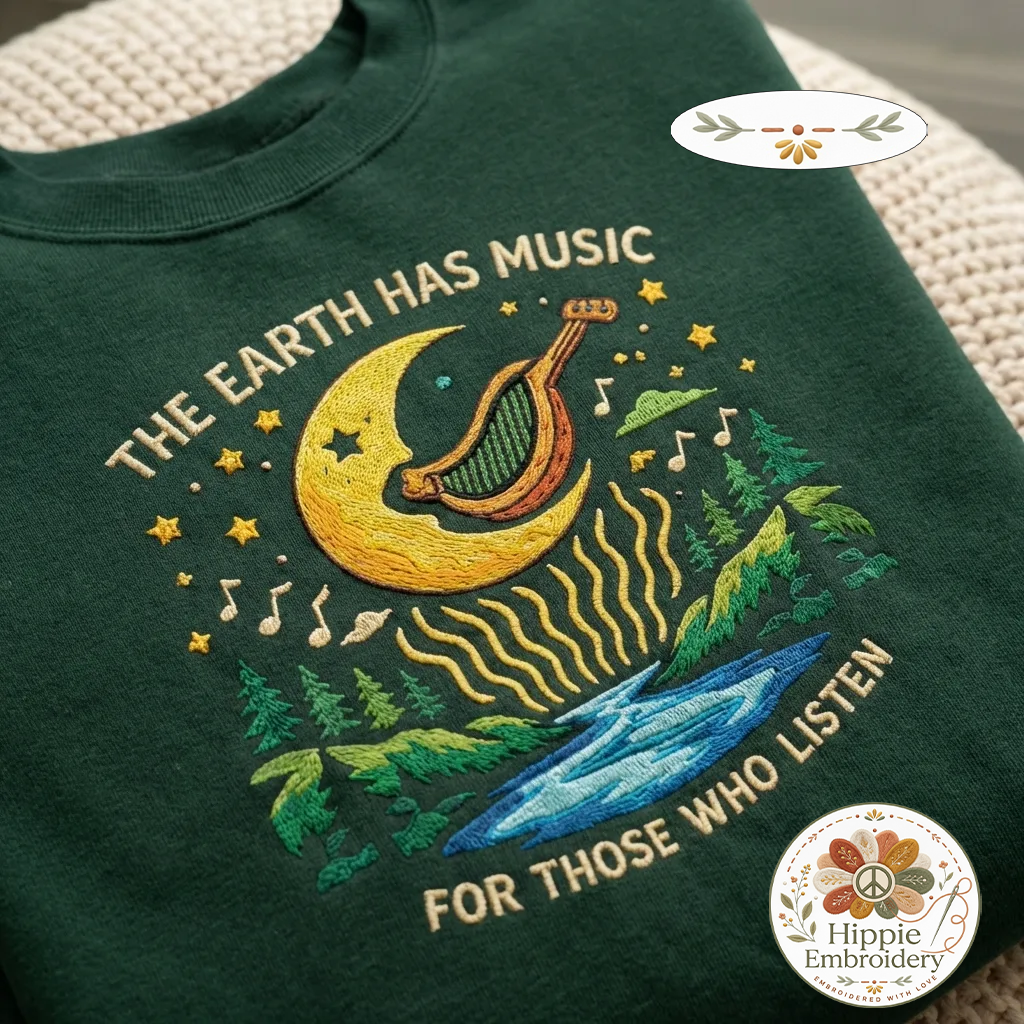Embroidered Earth Has Music Sweatshirt, Moon Harp Pullover