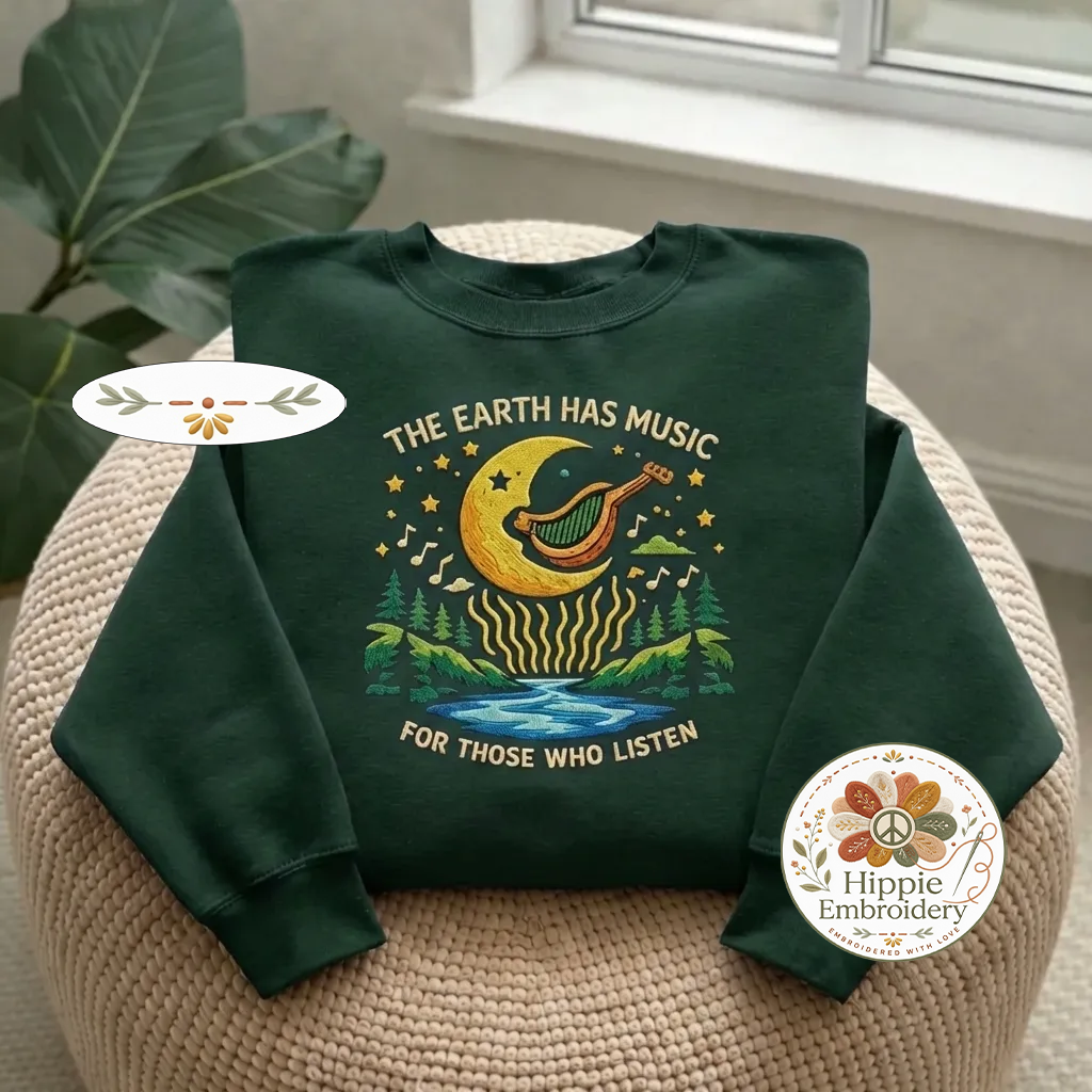 Embroidered Earth Has Music Sweatshirt, Moon Harp Pullover