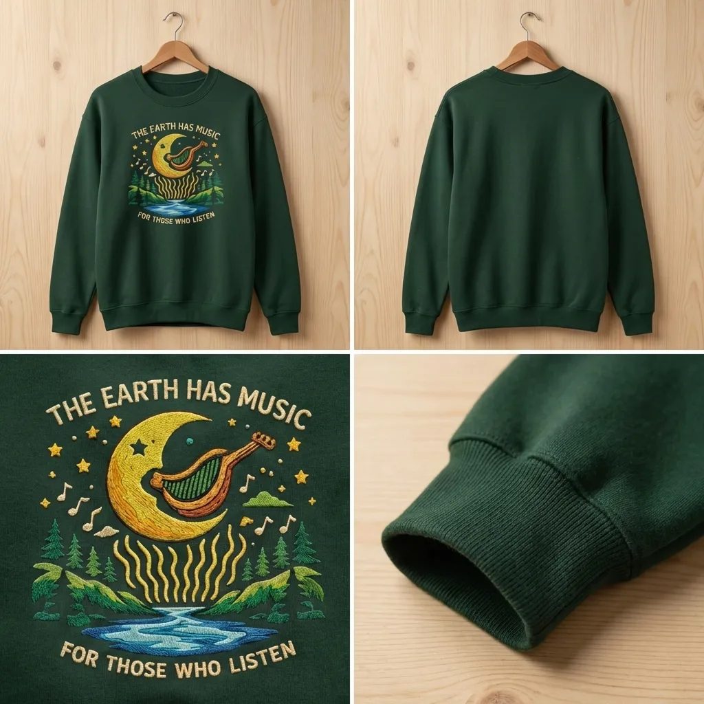 Embroidered Earth Has Music Sweatshirt, Moon Harp Pullover