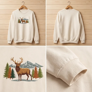 Embroidered Elk Mountain Sweatshirt, Woodland Nature Wildlife Crewneck