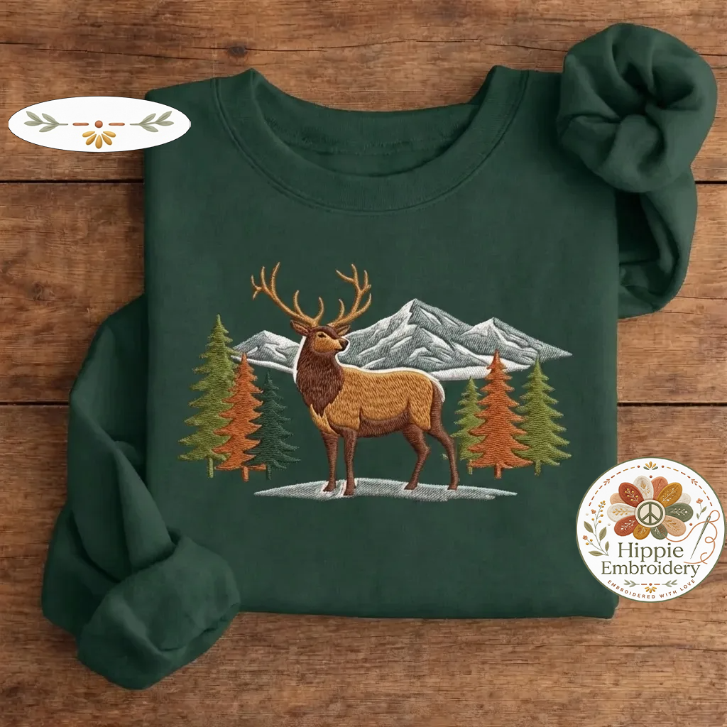 Embroidered Elk Mountain Sweatshirt, Woodland Nature Wildlife Crewneck
