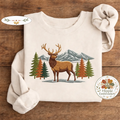 Embroidered Elk Mountain Sweatshirt, Woodland Nature Wildlife Crewneck