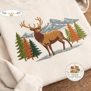 Embroidered Elk Mountain Sweatshirt, Woodland Nature Wildlife Crewneck