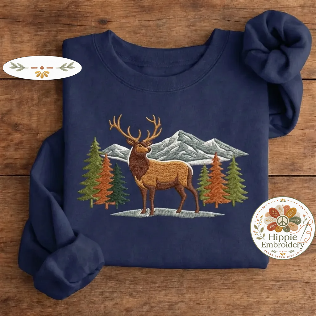 Embroidered Elk Mountain Sweatshirt, Woodland Nature Wildlife Crewneck