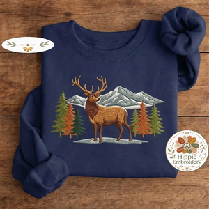 Embroidered Elk Mountain Sweatshirt, Woodland Nature Wildlife Crewneck