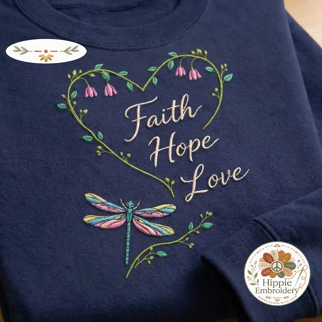Embroidered Faith Hope Love Sweatshirt, Dragonfly Floral Crewneck