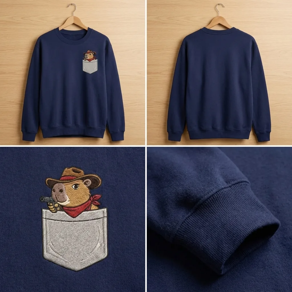 Embroidered Faux Pocket Cowboy Capybara Sweatshirt, Western Crewneck