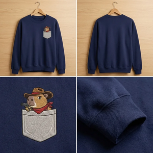 Embroidered Faux Pocket Cowboy Capybara Sweatshirt, Western Crewneck
