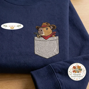 Embroidered Faux Pocket Cowboy Capybara Sweatshirt, Western Crewneck