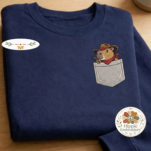 Embroidered Faux Pocket Cowboy Capybara Sweatshirt, Western Crewneck