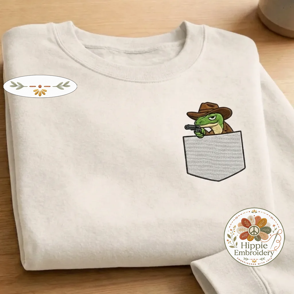 Embroidered Faux Pocket Cowboy Lizard Sweatshirt, Western Crewneck