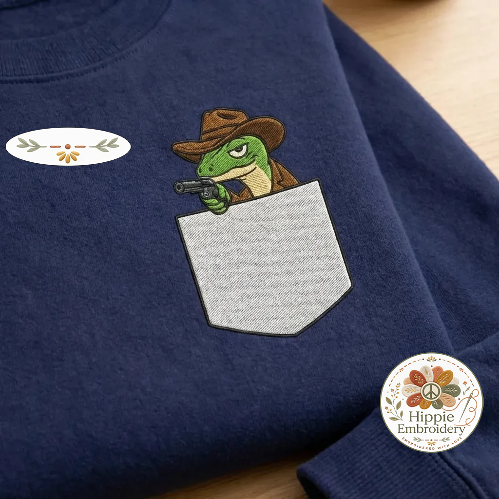 Embroidered Faux Pocket Cowboy Lizard Sweatshirt, Western Crewneck