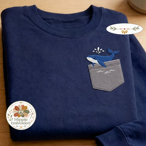 Embroidered Faux Pocket Whale Sweatshirt, Nautical Ocean Crewneck
