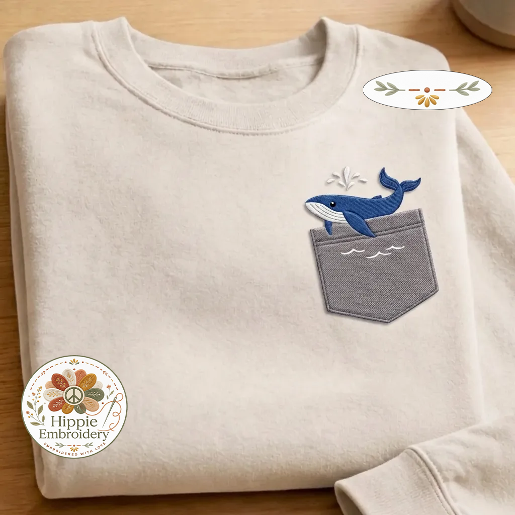 Embroidered Faux Pocket Whale Sweatshirt, Nautical Ocean Crewneck