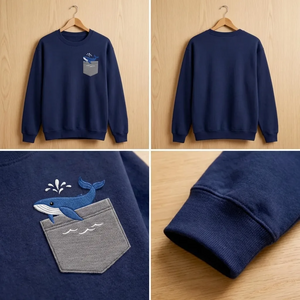 Embroidered Faux Pocket Whale Sweatshirt, Nautical Ocean Crewneck