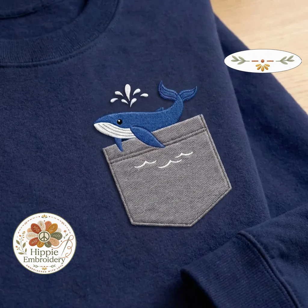 Embroidered Faux Pocket Whale Sweatshirt, Nautical Ocean Crewneck