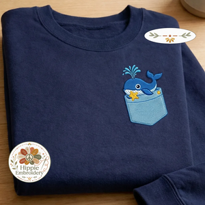 Embroidered Faux Pocket Whale Sweatshirt, Ocean Life Crewneck