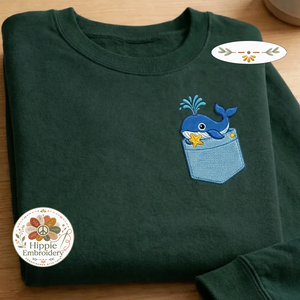 Embroidered Faux Pocket Whale Sweatshirt, Ocean Life Crewneck