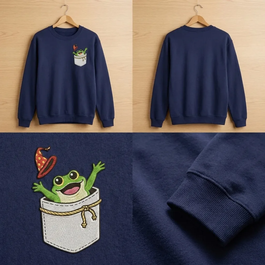 Embroidered Faux Pocket Wizard Frog Sweatshirt, Fantasy Crewneck