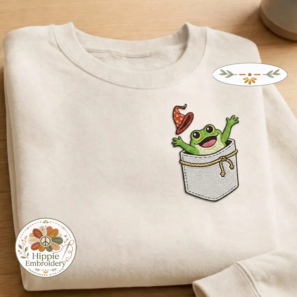 Embroidered Faux Pocket Wizard Frog Sweatshirt, Fantasy Crewneck