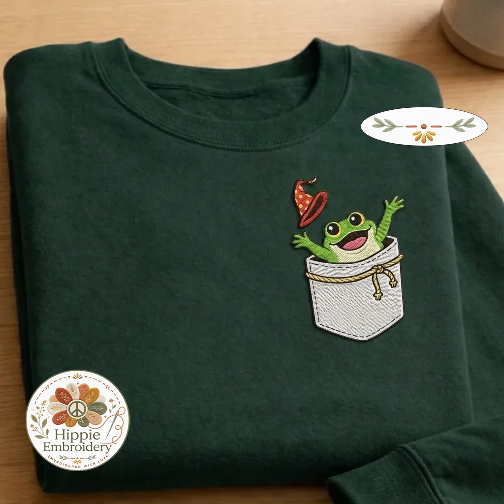 Embroidered Faux Pocket Wizard Frog Sweatshirt, Fantasy Crewneck
