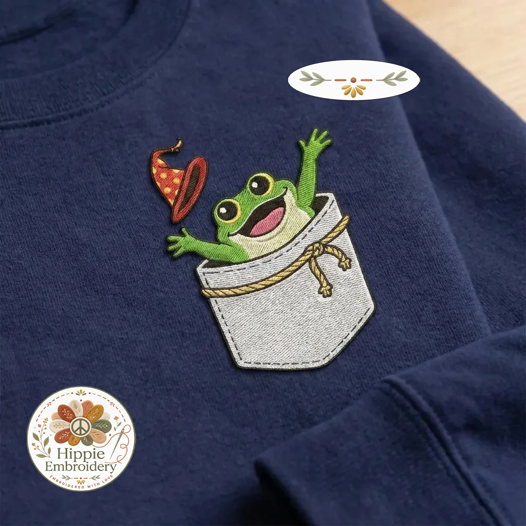 Embroidered Faux Pocket Wizard Frog Sweatshirt, Fantasy Crewneck
