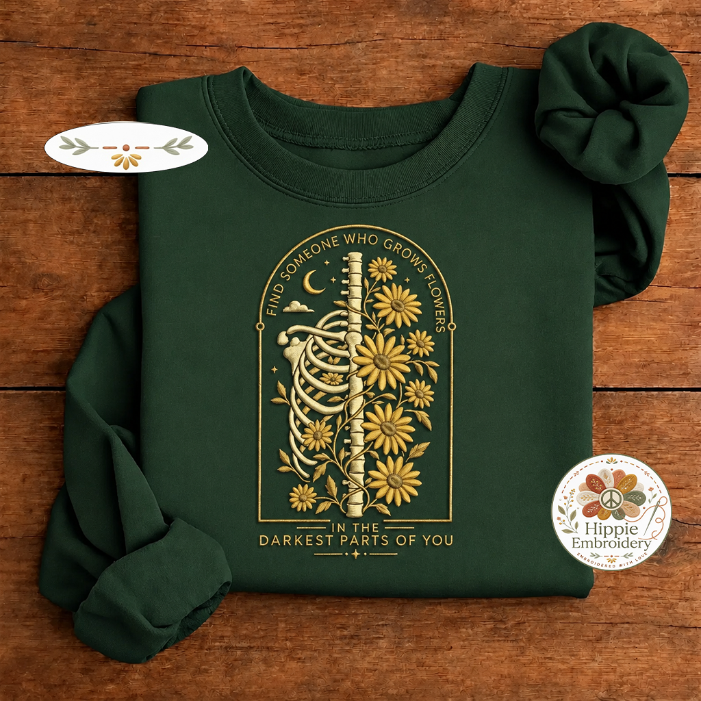 Embroidered Find Someone Who Grows Flowers Skeleton Sweatshirt, Crew