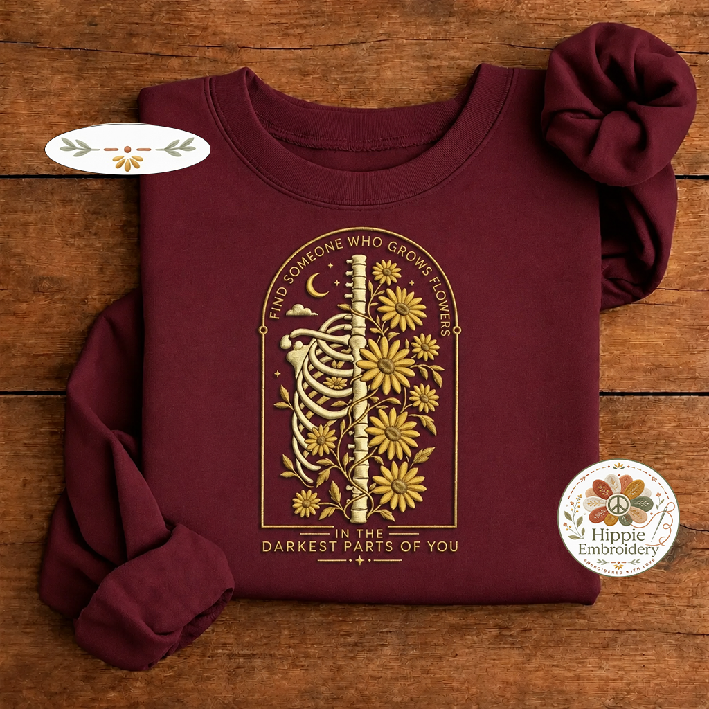 Embroidered Find Someone Who Grows Flowers Skeleton Sweatshirt, Crew