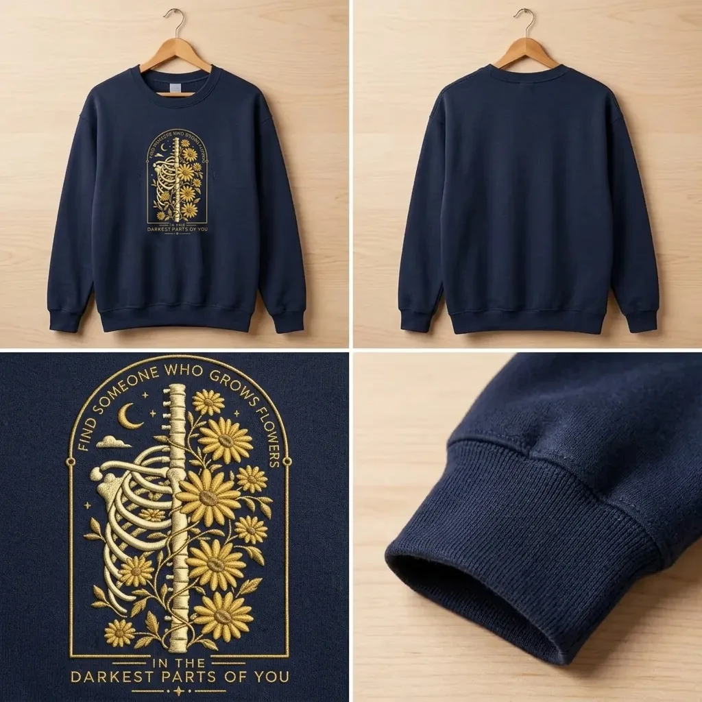 Embroidered Find Someone Who Grows Flowers Skeleton Sweatshirt, Crew