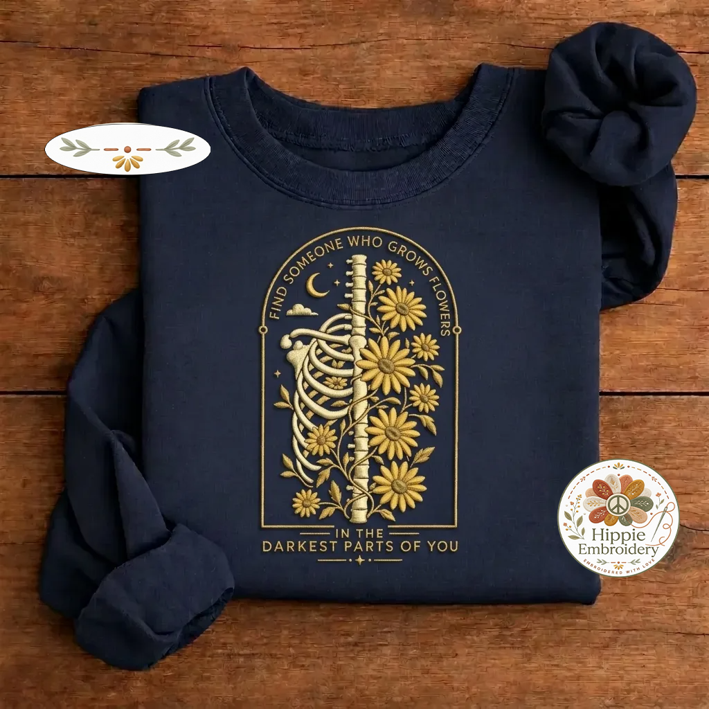 Embroidered Find Someone Who Grows Flowers Skeleton Sweatshirt, Crew
