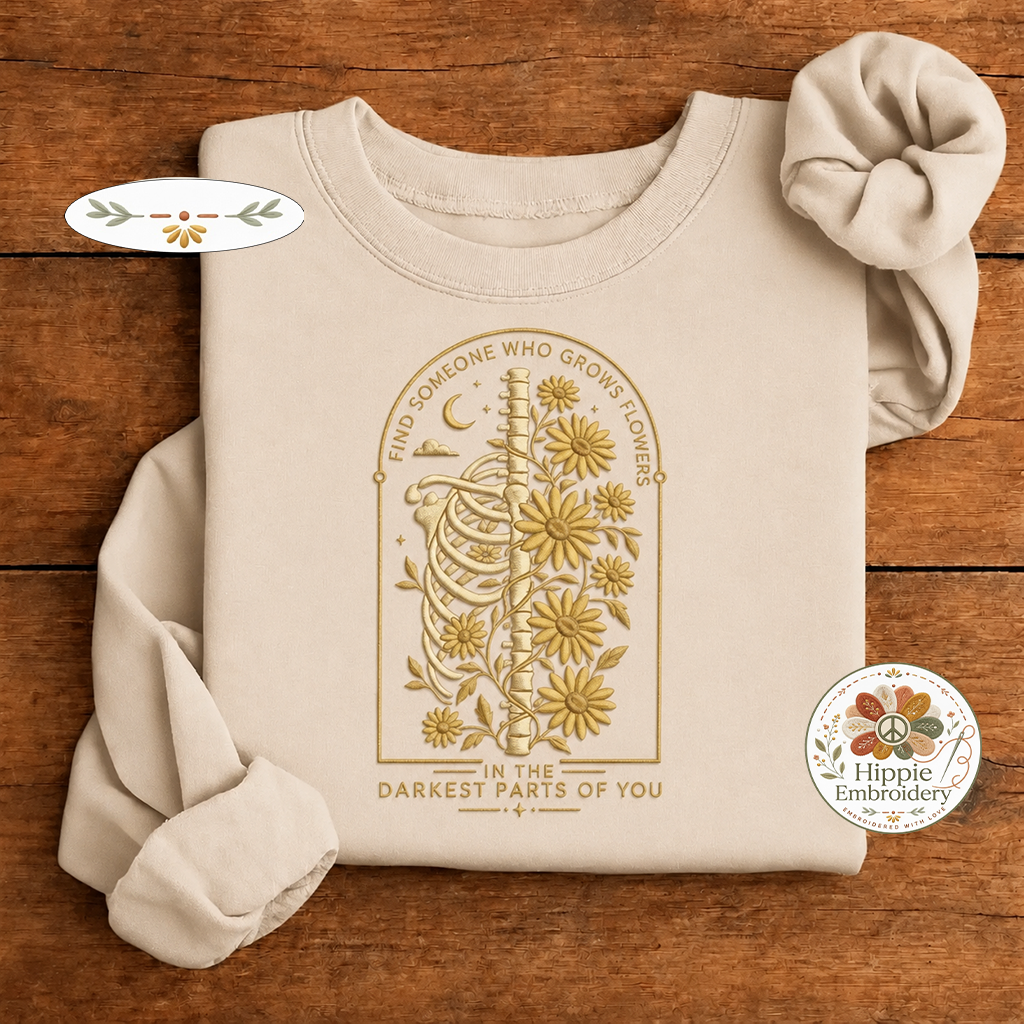 Embroidered Find Someone Who Grows Flowers Skeleton Sweatshirt, Crew