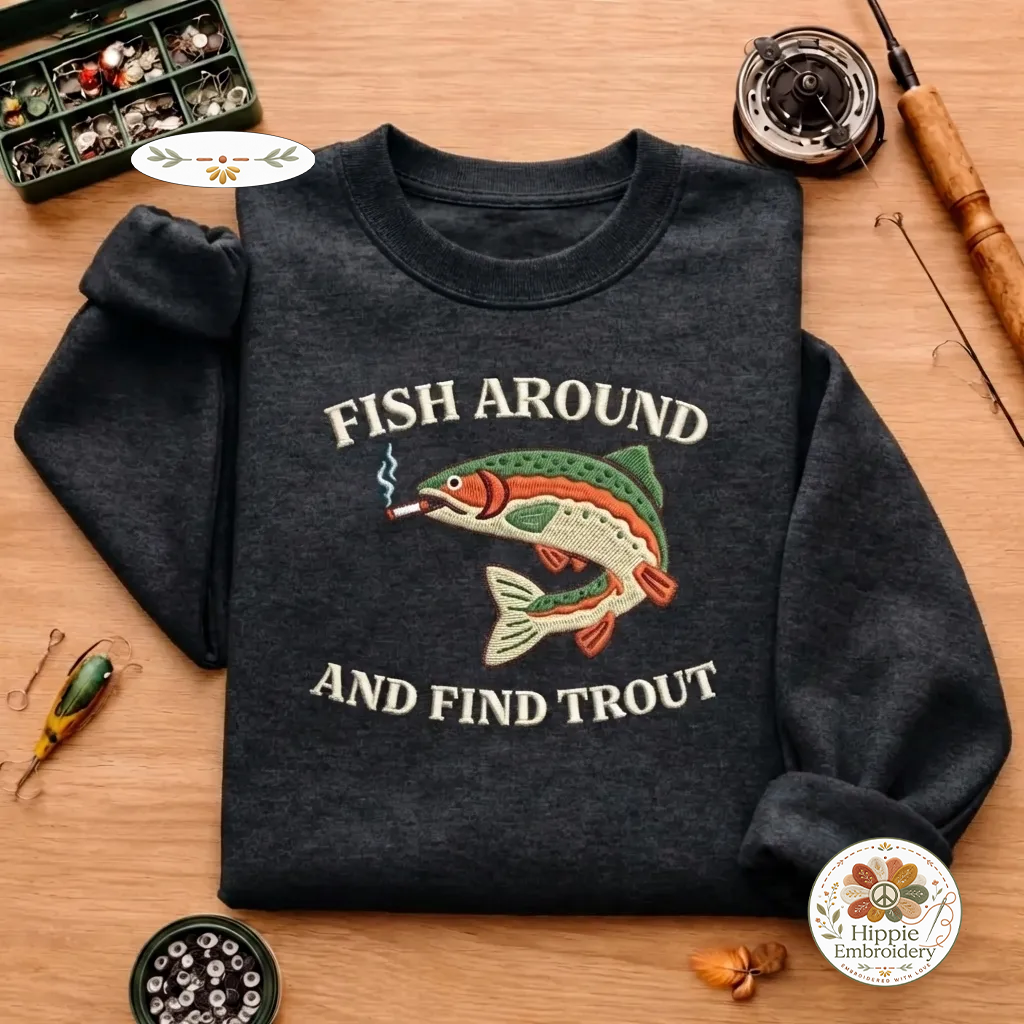 Embroidered Fish Around and Find Trout Vintage Washed Hat, Cap