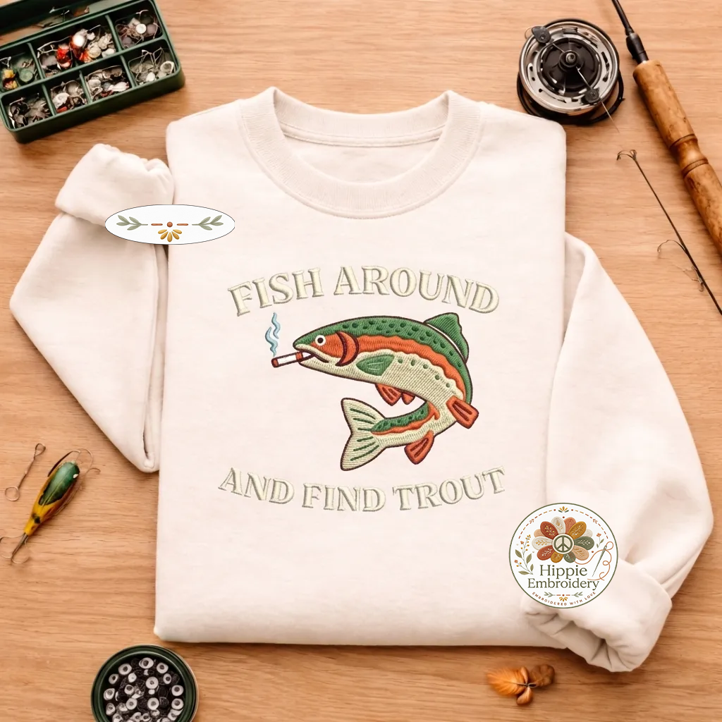 Embroidered Fish Around and Find Trout Vintage Washed Hat, Cap