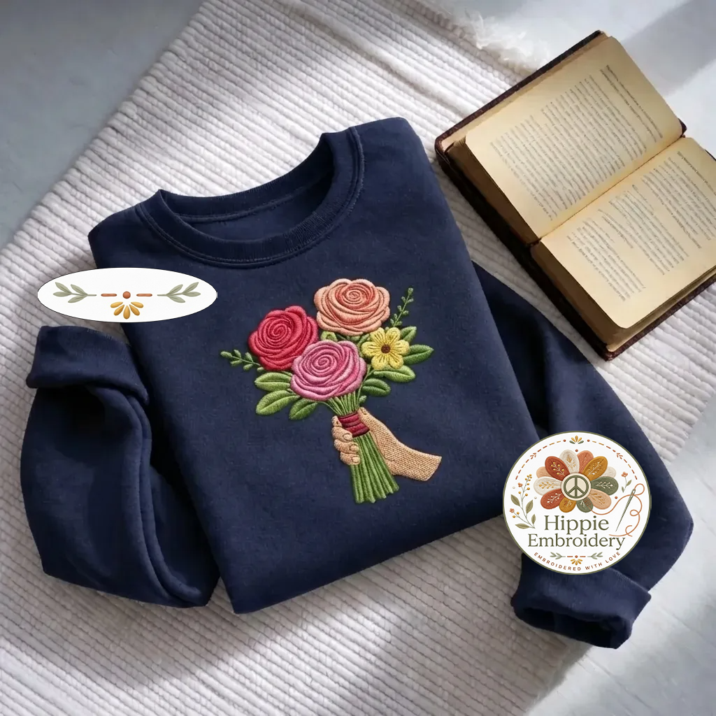 Embroidered Floral Bouquet Sweatshirt, Hand Holding Roses Shirt
