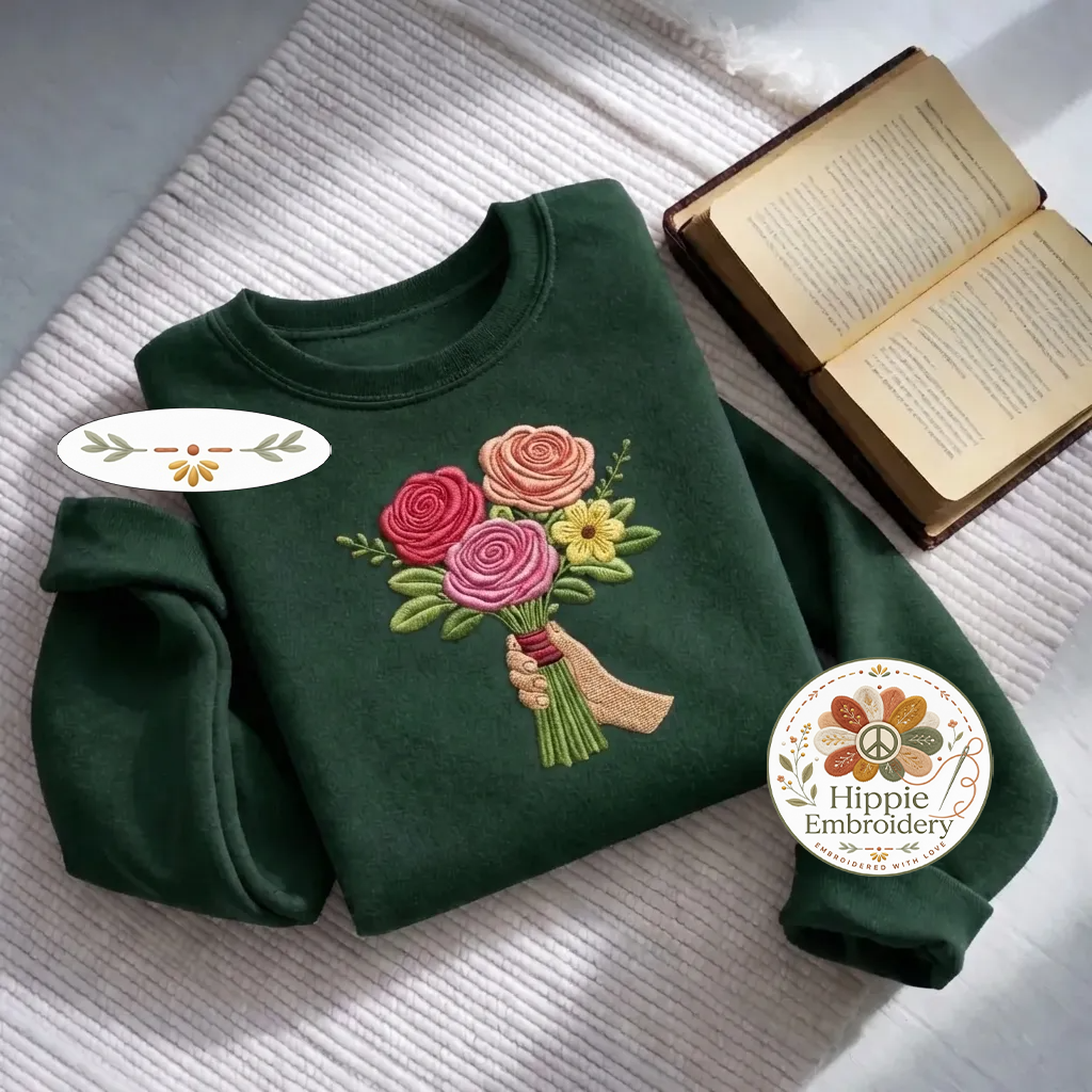 Embroidered Floral Bouquet Sweatshirt, Hand Holding Roses Shirt
